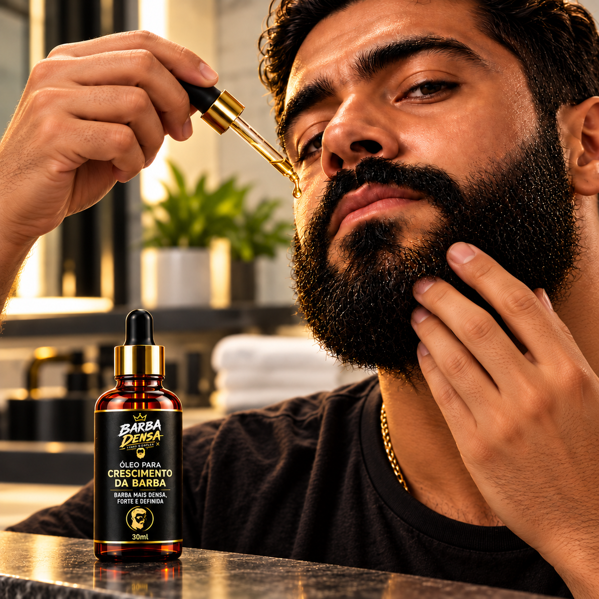 Homem aplicando óleo para barba com duas mãos visibles