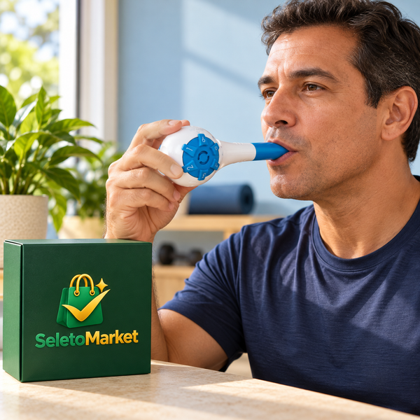 Cliente usando exercitador respiratório com embalagem SeletoMarket