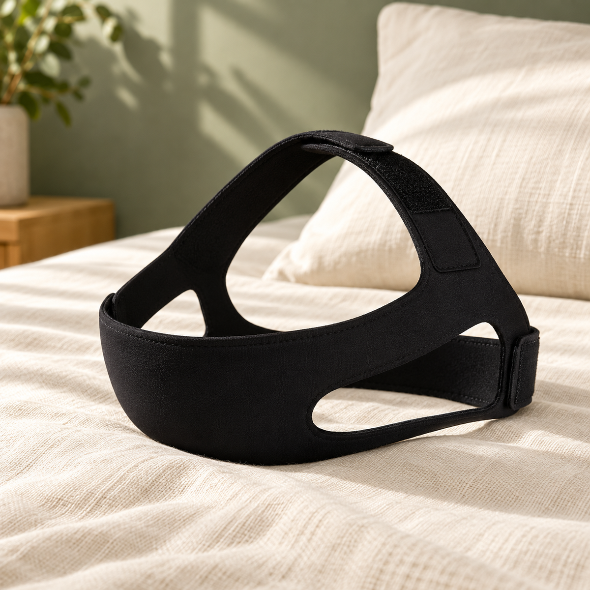 Faixa preta de suporte para queixo em neoprene sobre roupa de cama clara