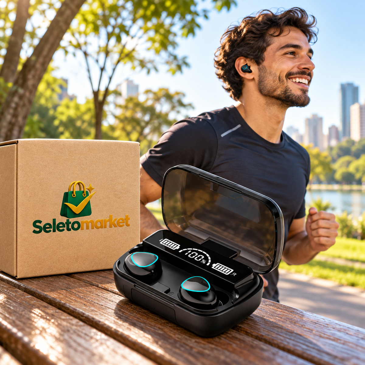 Homem usando fone TWS com embalagem SeletoMarket