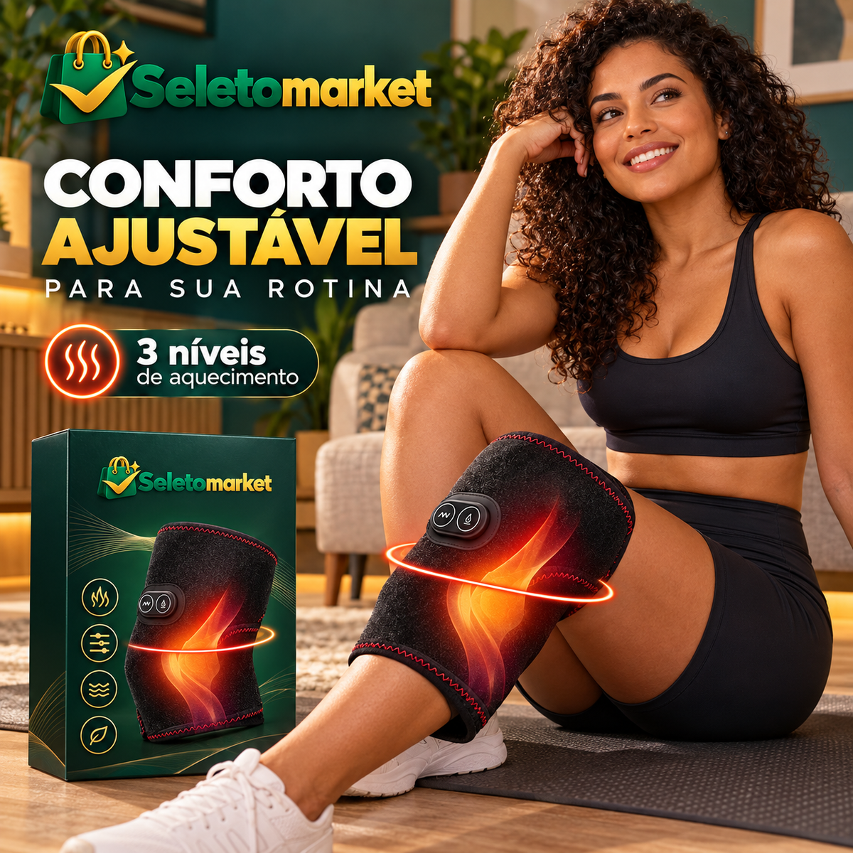 Mulher adulta usando joelheira térmica com embalagem SeletoMarket