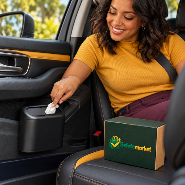Motorista usando lixeira portátil para carro com caixa SeletoMarket