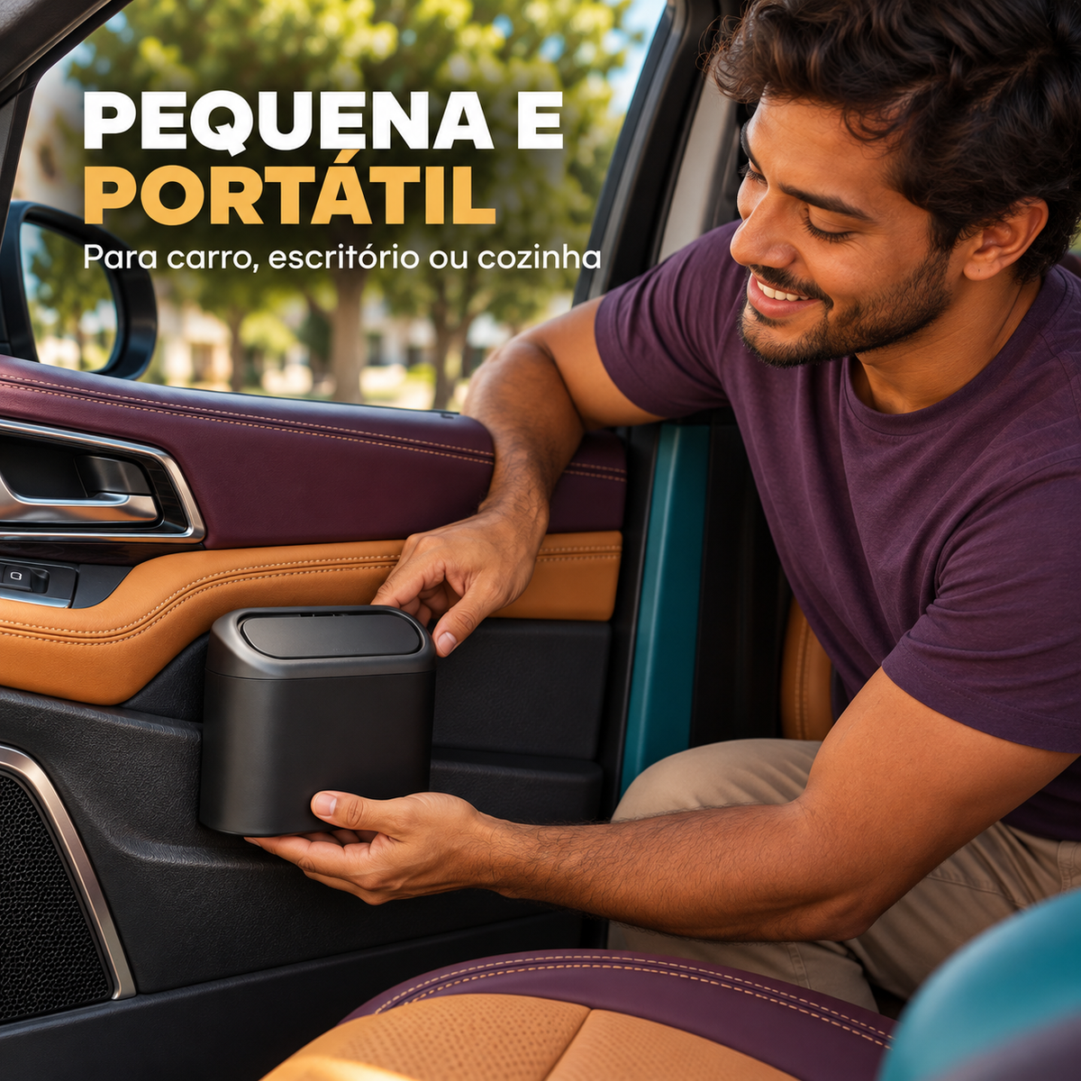 Lixeira automotiva portátil instalada na porta do carro
