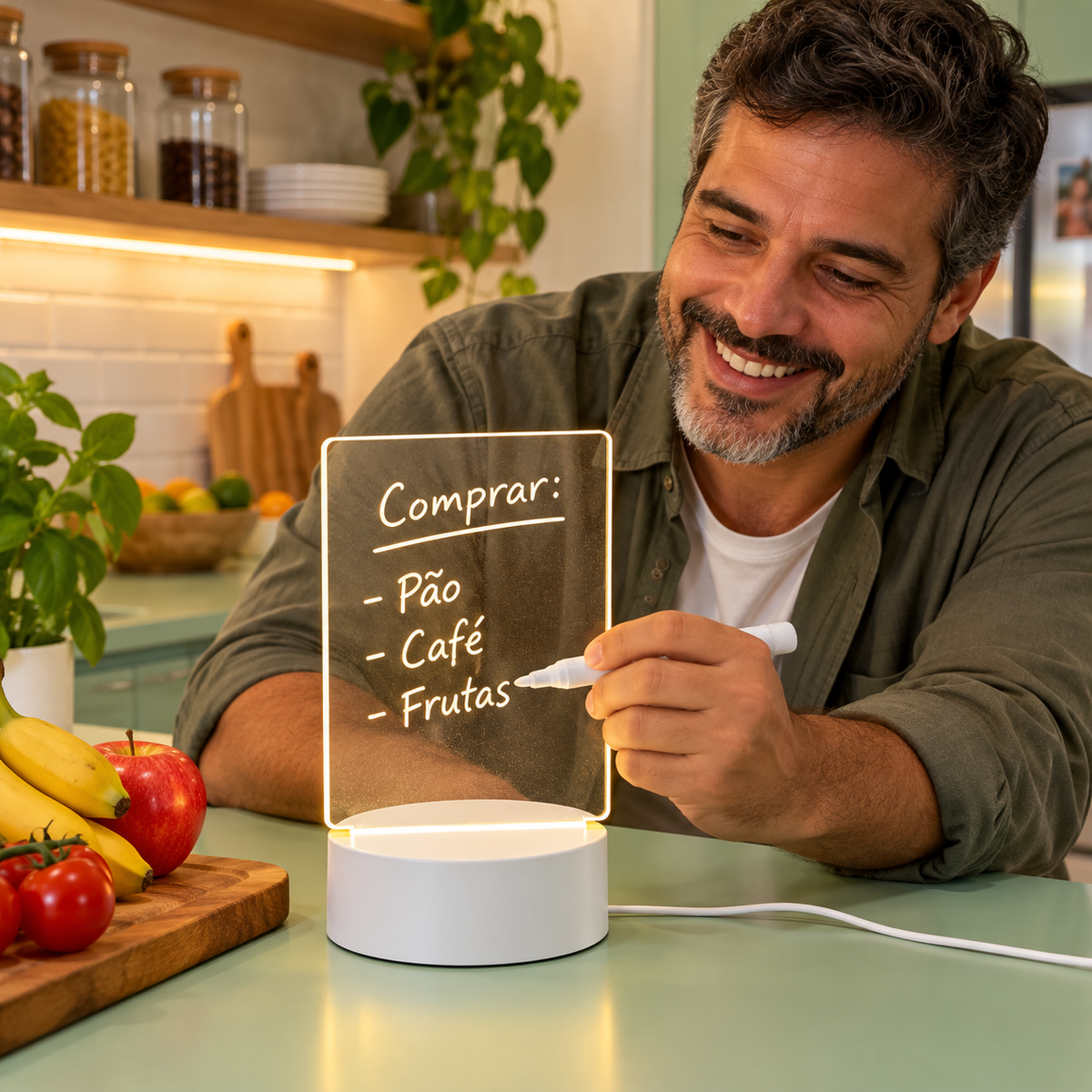 Luminária de recados em uso na cozinha