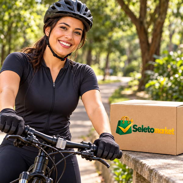 Ciclista usando luvas e embalagem SeletoMarket