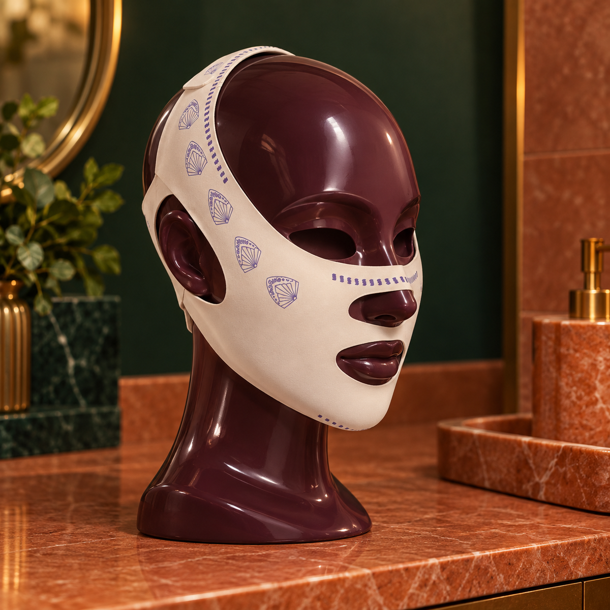 Máscara facial ajustável bege sobre suporte de exposição em cenário elegante
