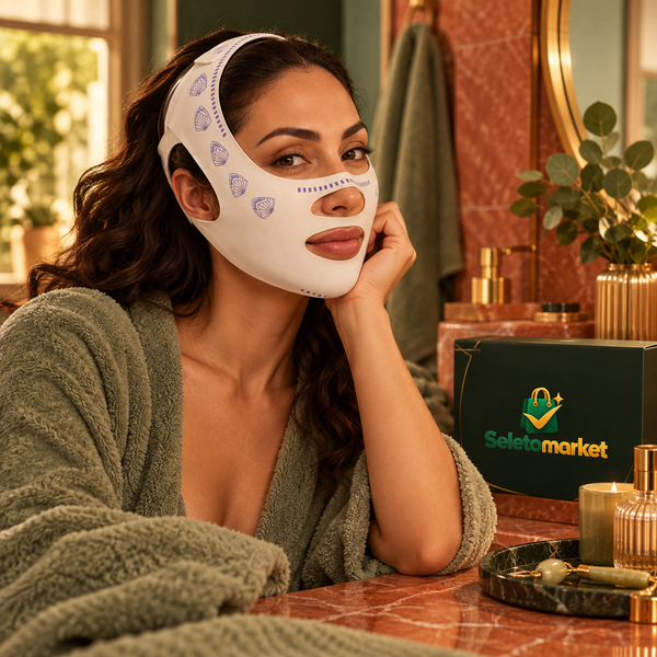 Mulher usando máscara facial ajustável com caixa SeletoMarket