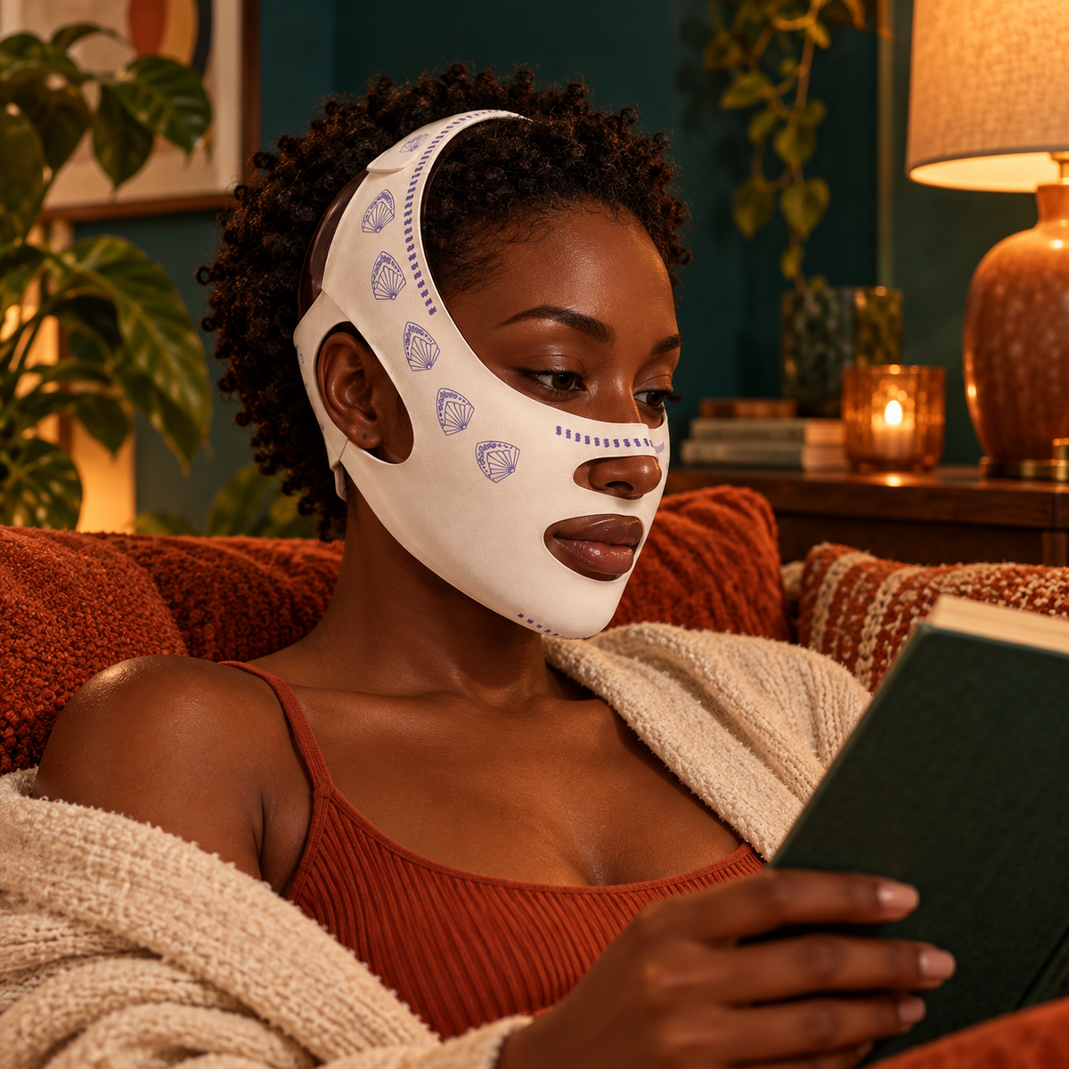 Mulher usando máscara facial ajustável durante momento de relaxamento