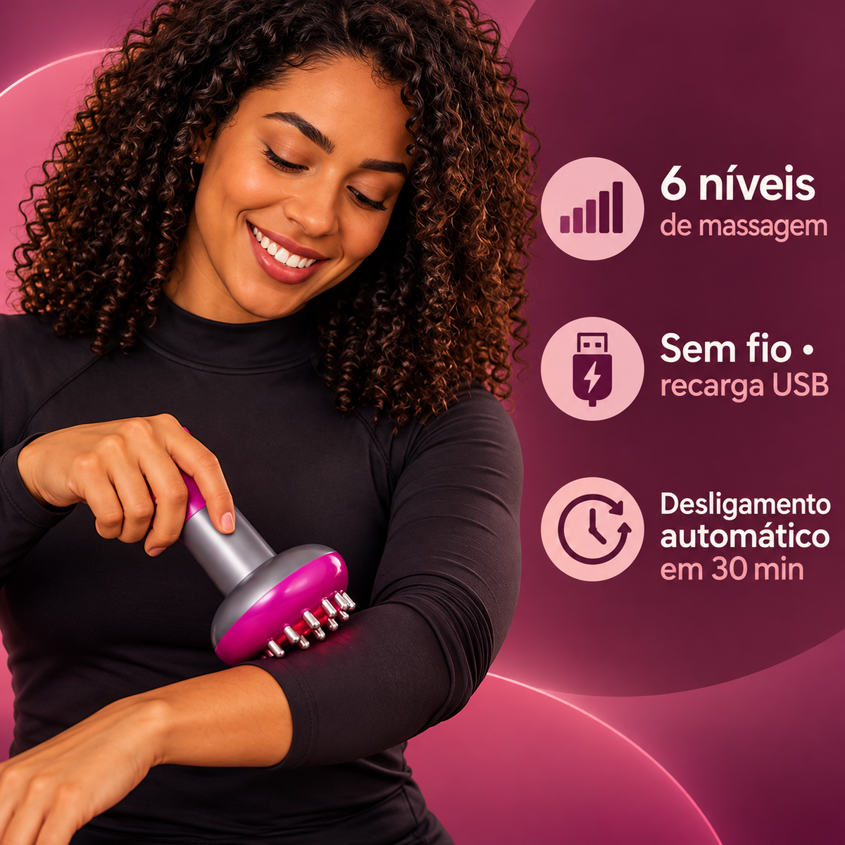Massageador sem fio com seis níveis e recarga USB