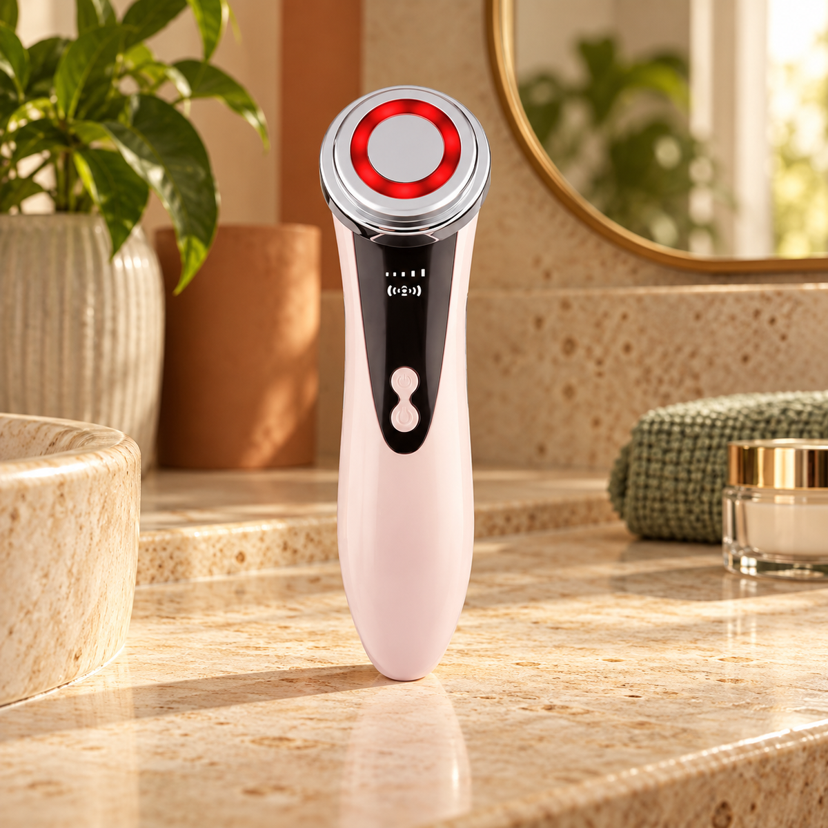 Massageador facial 5 em 1 rosa com LED em cenário de banheiro
