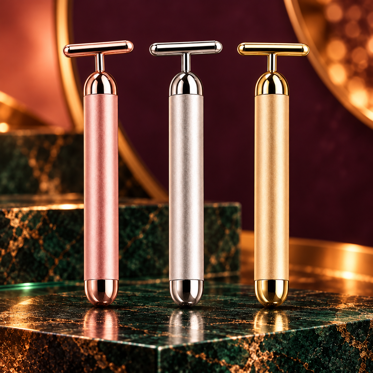 Massageadores faciais T-bar nas cores rosa, prata e ouro