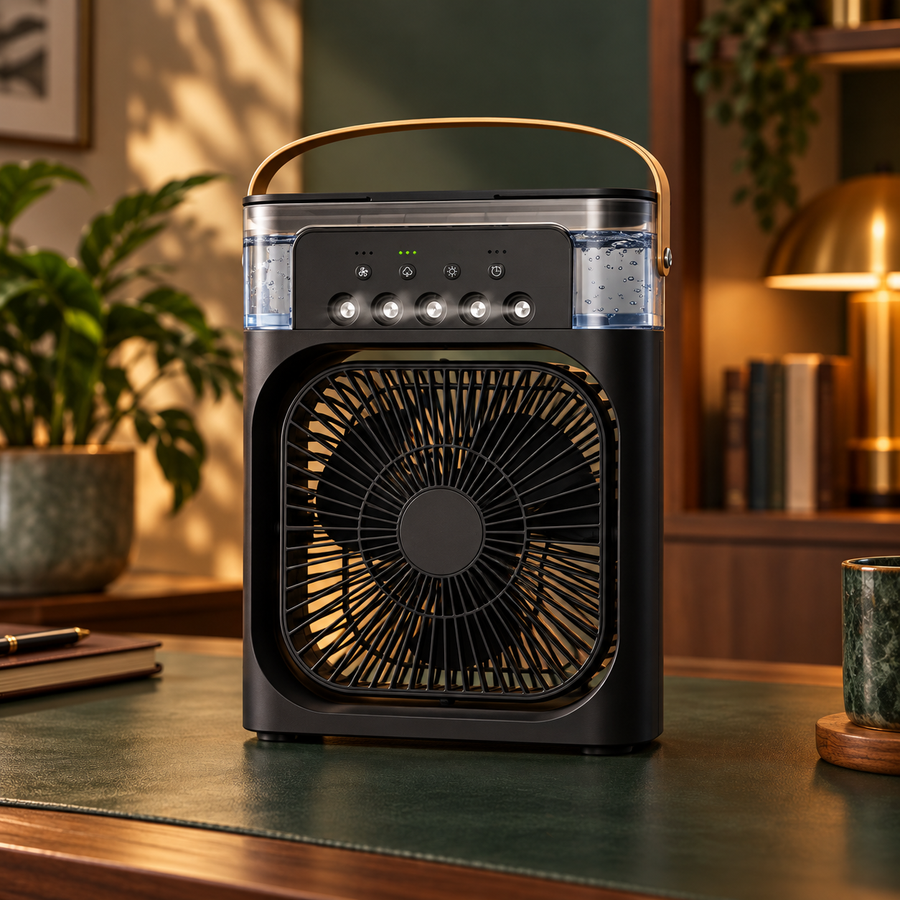 Mini ventilador umidificador portátil preto em ambiente verde e amadeirado