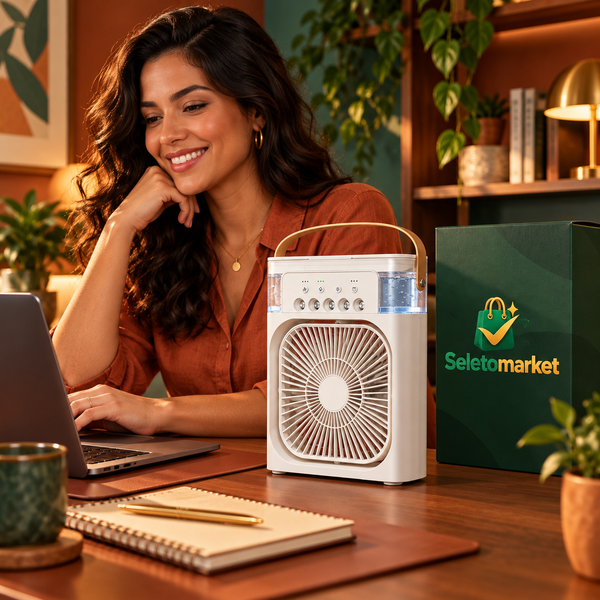 Mulher brasileira usando mini ventilador umidificador branco com embalagem SeletoMarket