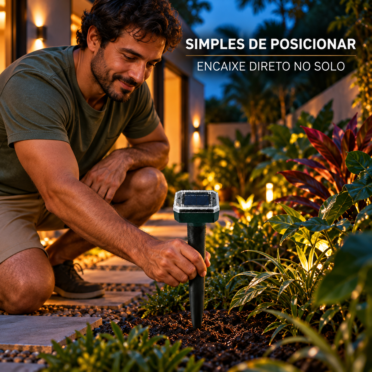 Instalação do repelente solar em jardim ao entardecer