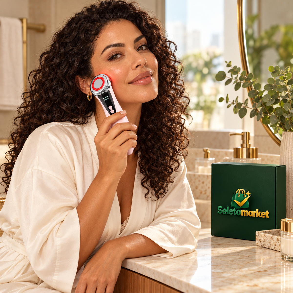 Mulher brasileira usando o massageador facial ao lado da caixa SeletoMarket