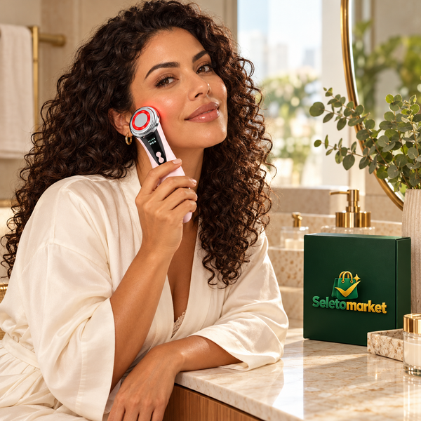Mulher brasileira usando o massageador facial ao lado da caixa SeletoMarket
