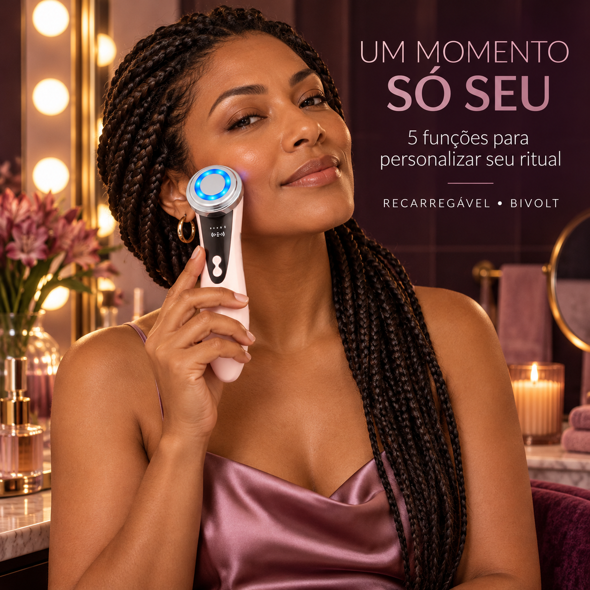 Mulher brasileira usando o massageador facial com LED azul