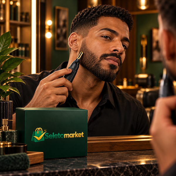Homem brasileiro usando aparador de precisão junto à barba com caixa SeletoMarket