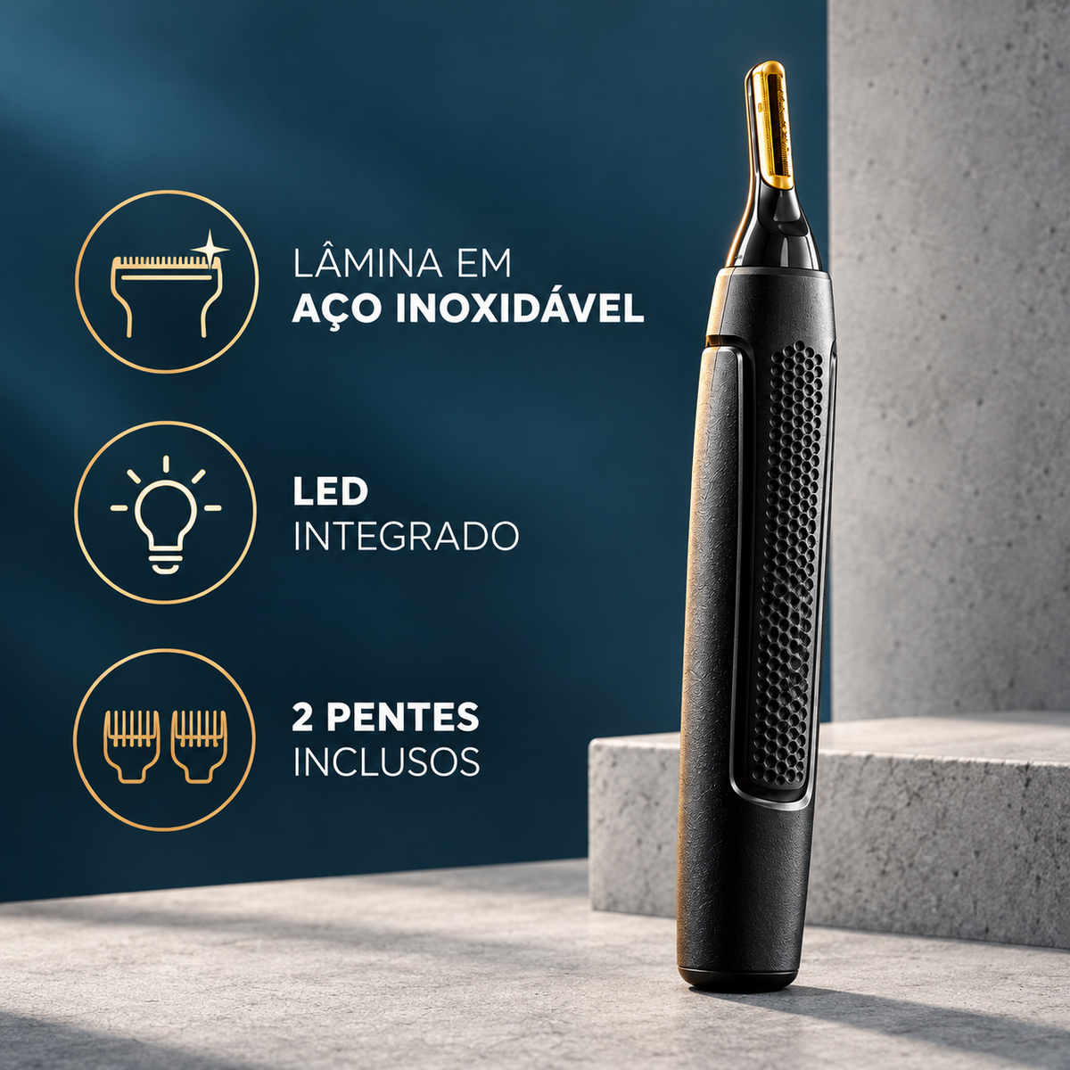 Aparador de precisão com lâmina de aço inoxidável, LED e dois pentes
