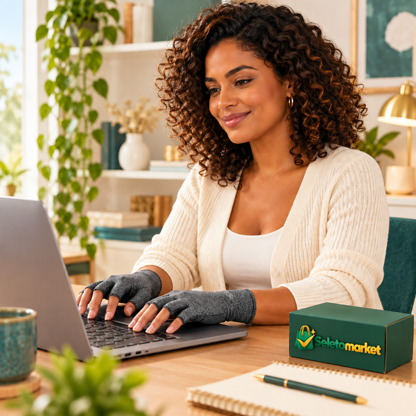 Mulher brasileira usando luvas de compressão enquanto trabalha com embalagem SeletoMarket