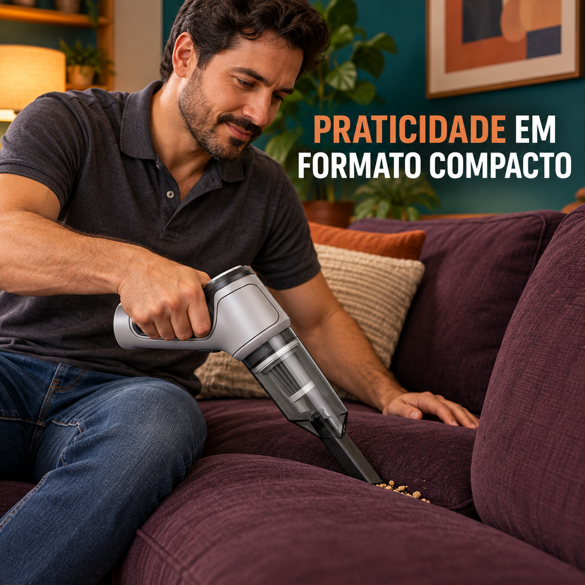 Aspirador portátil cinza usado para limpar um sofá em sala decorada