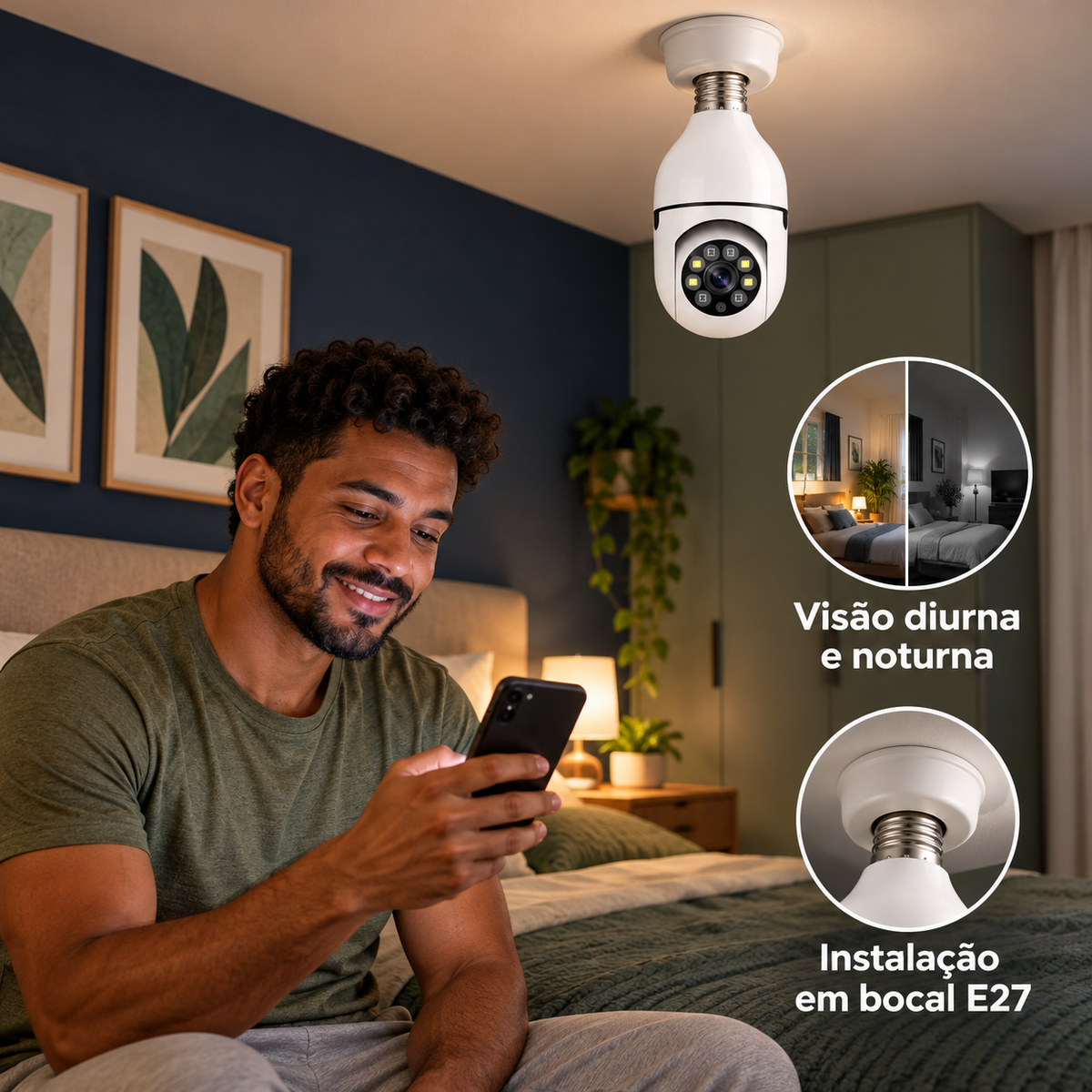 Câmera E27 com visão diurna e noturna em uso