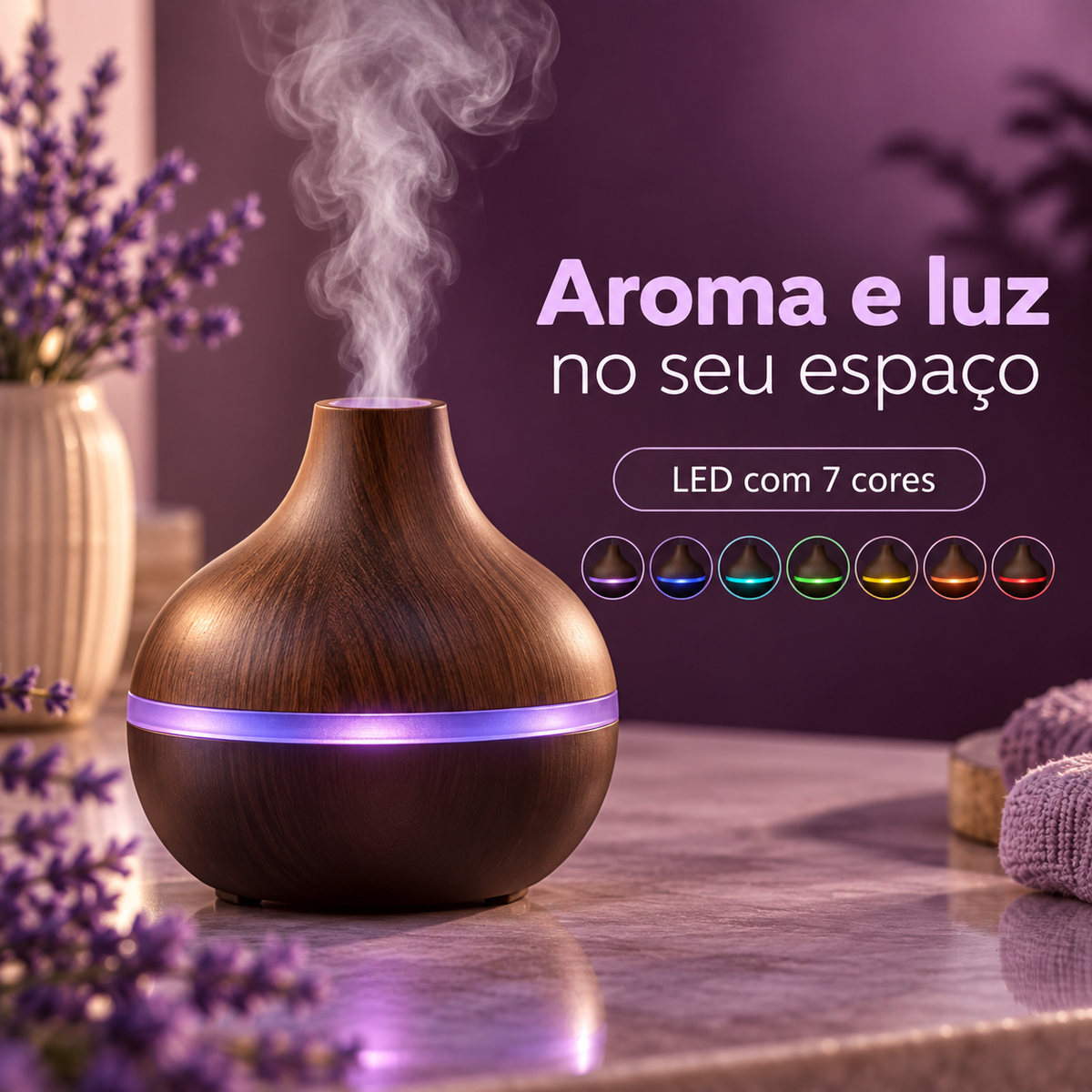 Umidificador com névoa suave e sete cores de LED
