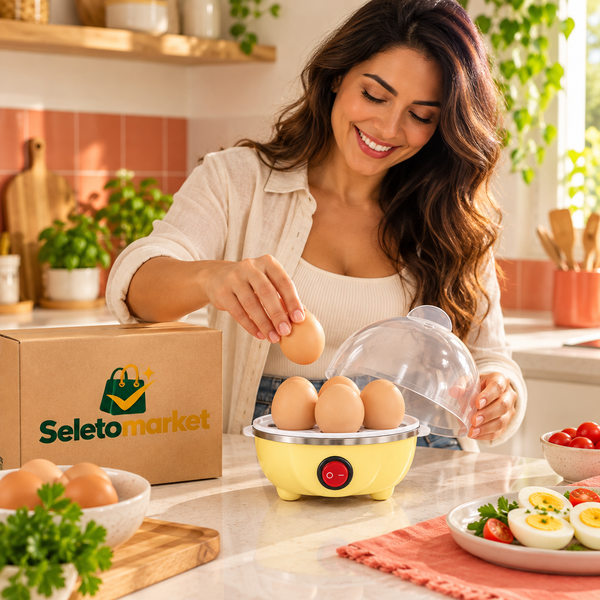 Mulher preparando ovos com o cozedor de ovos SeletoMarket
