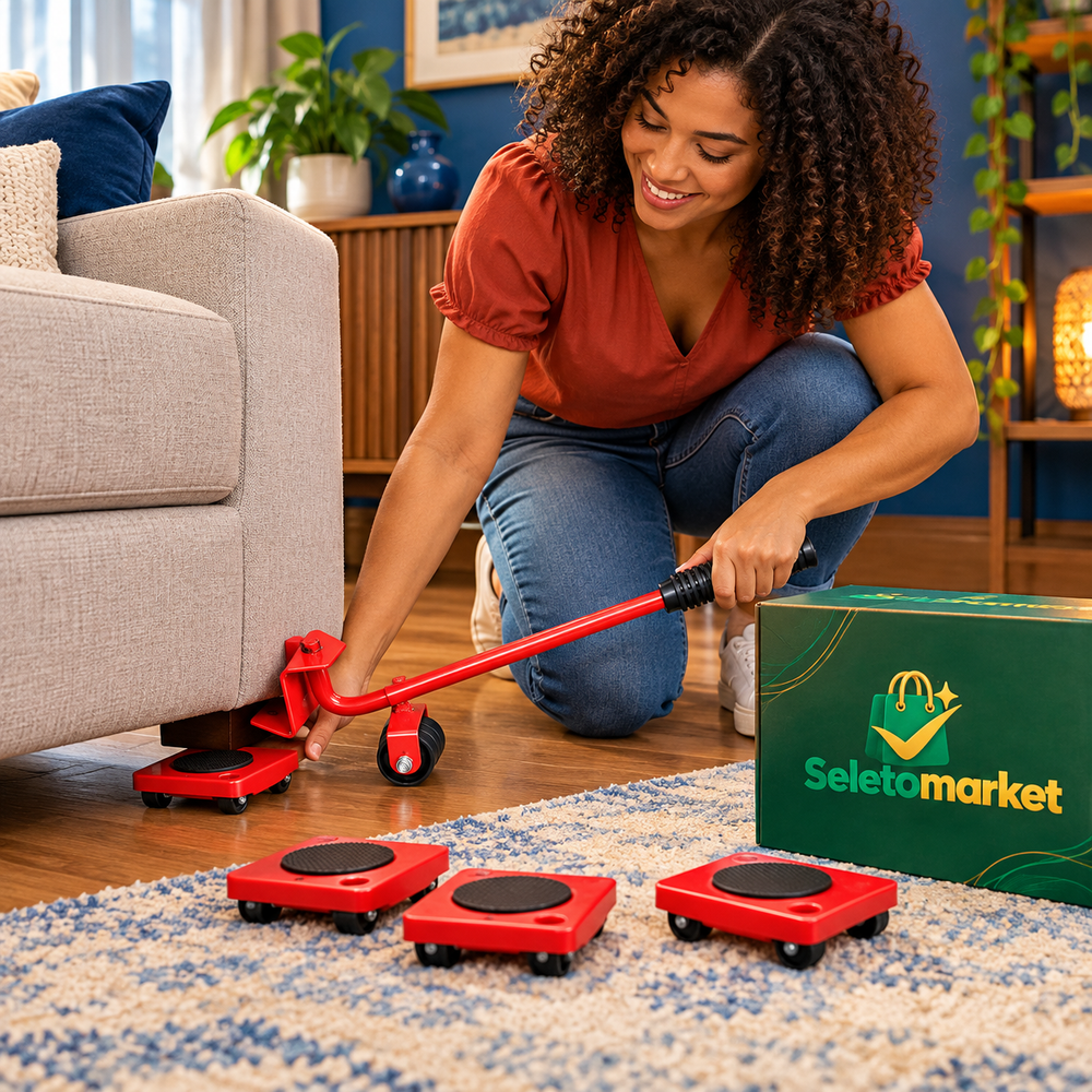 Kit para Mover Móveis com Alavanca e 4 Plataformas com Rodinhas 360°