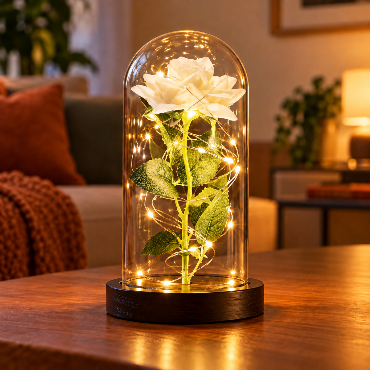 Luminária decorativa com Rosa branca sob cúpula de vidro