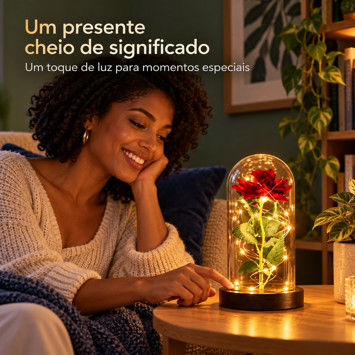 Pessoa acionando a luminária decorativa com rosa