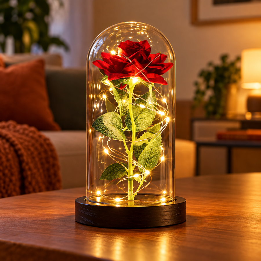 Luminária decorativa com rosa vermelha preservada sob cúpula de vidro e luz LED