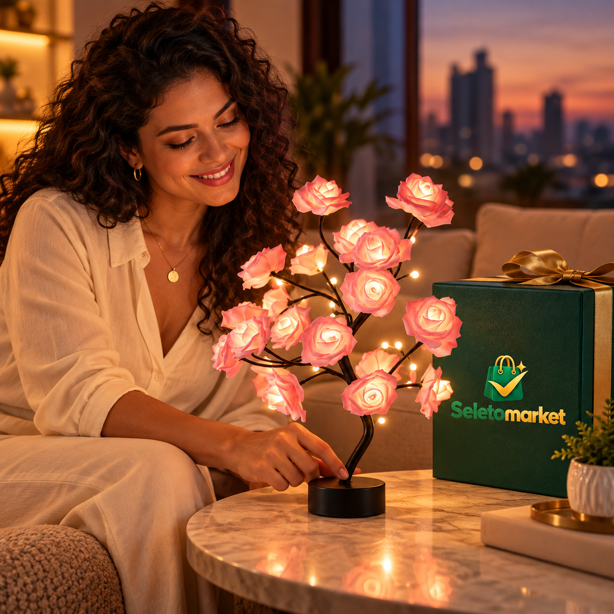 Mulher brasileira apresenta a luminária SeletoMarket com embalagem da marca