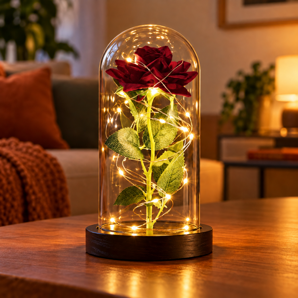 Luminária decorativa com Rosa vinho sob cúpula de vidro