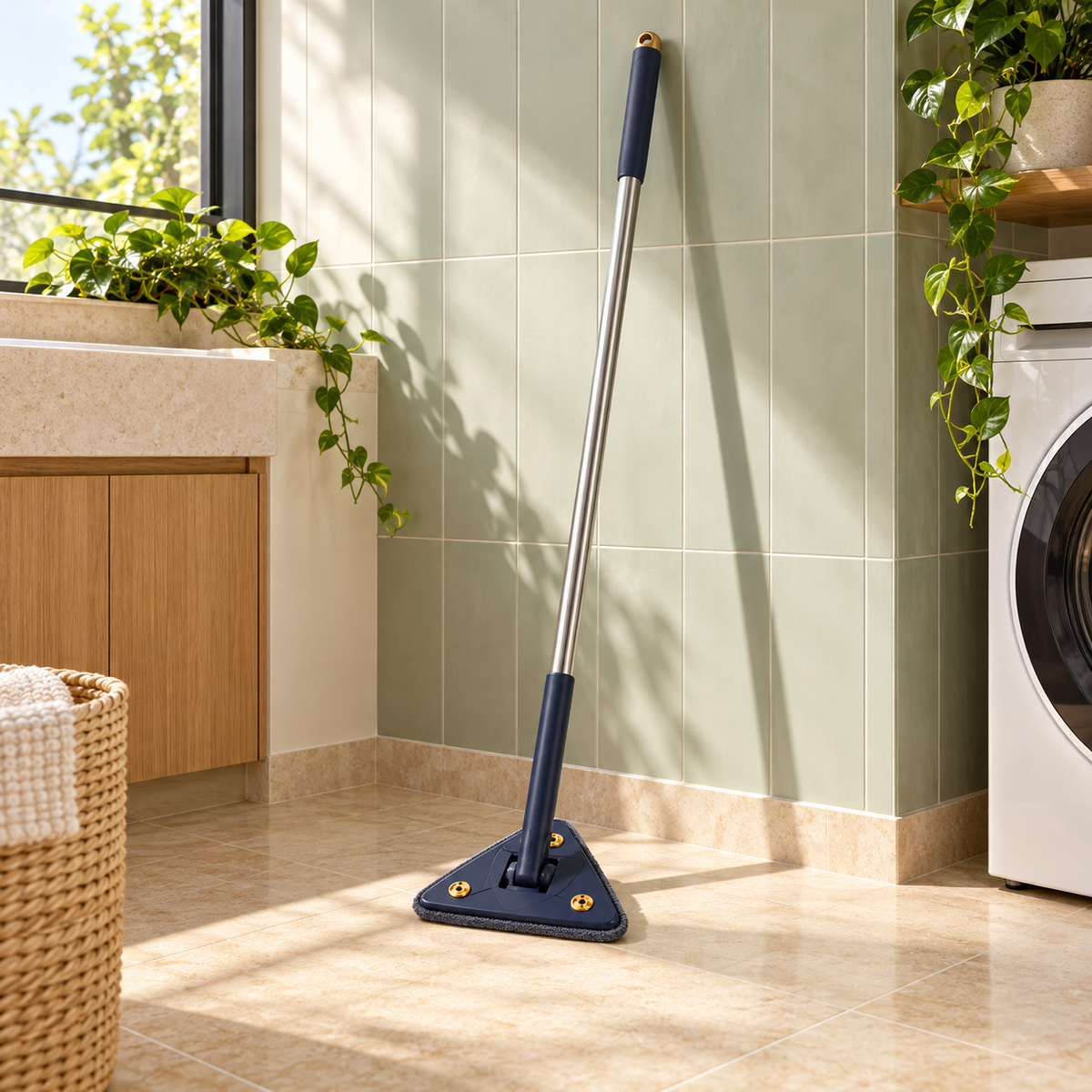 Mop giratório triangular em lavanderia contemporânea