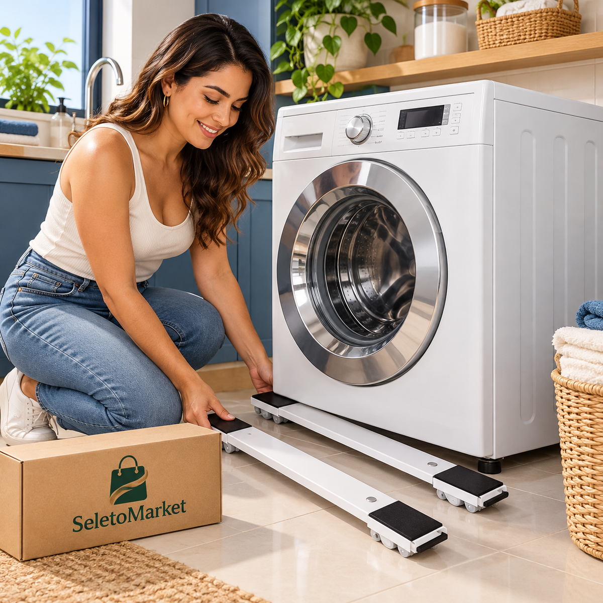 Cliente ao lado da lavadora com o kit SeletoMarket de suportes com rodinhas