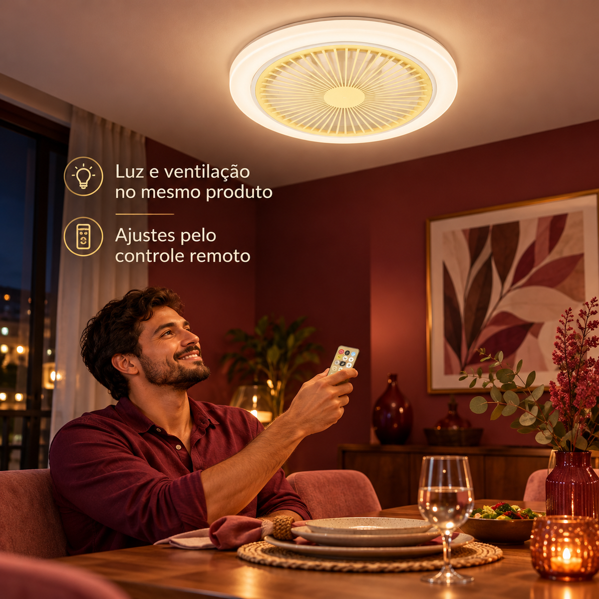 Ventilador com iluminação em uma sala de jantar