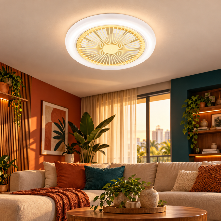 Ventilador circular com luz LED integrado ao teto em uma sala decorada