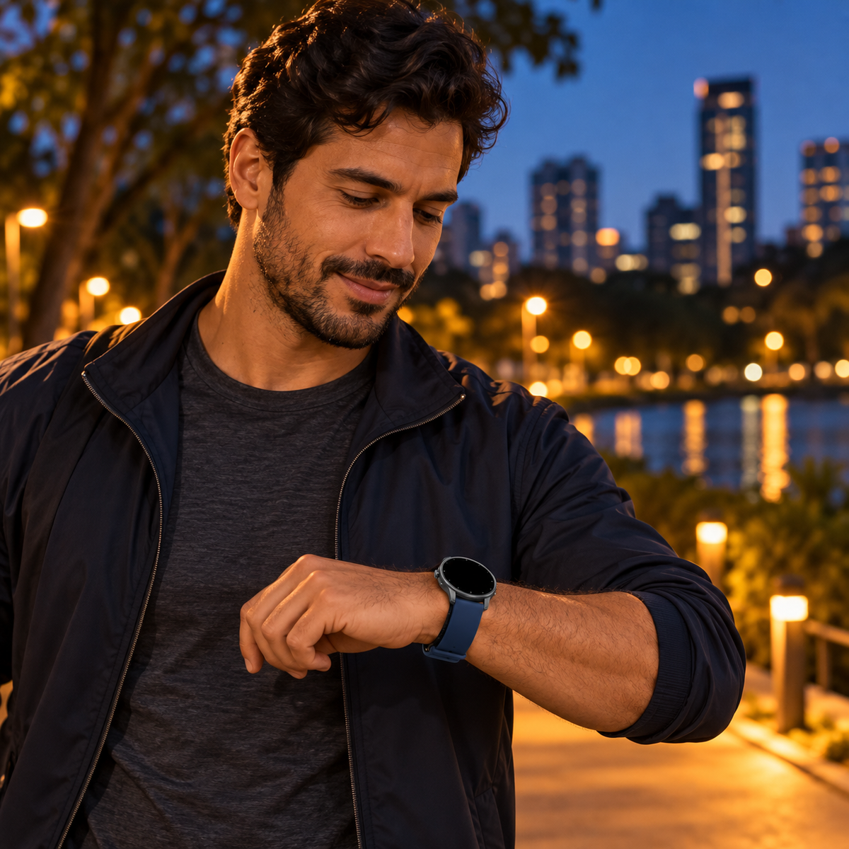 Homem brasileiro usando smartwatch esportivo com pulseira azul