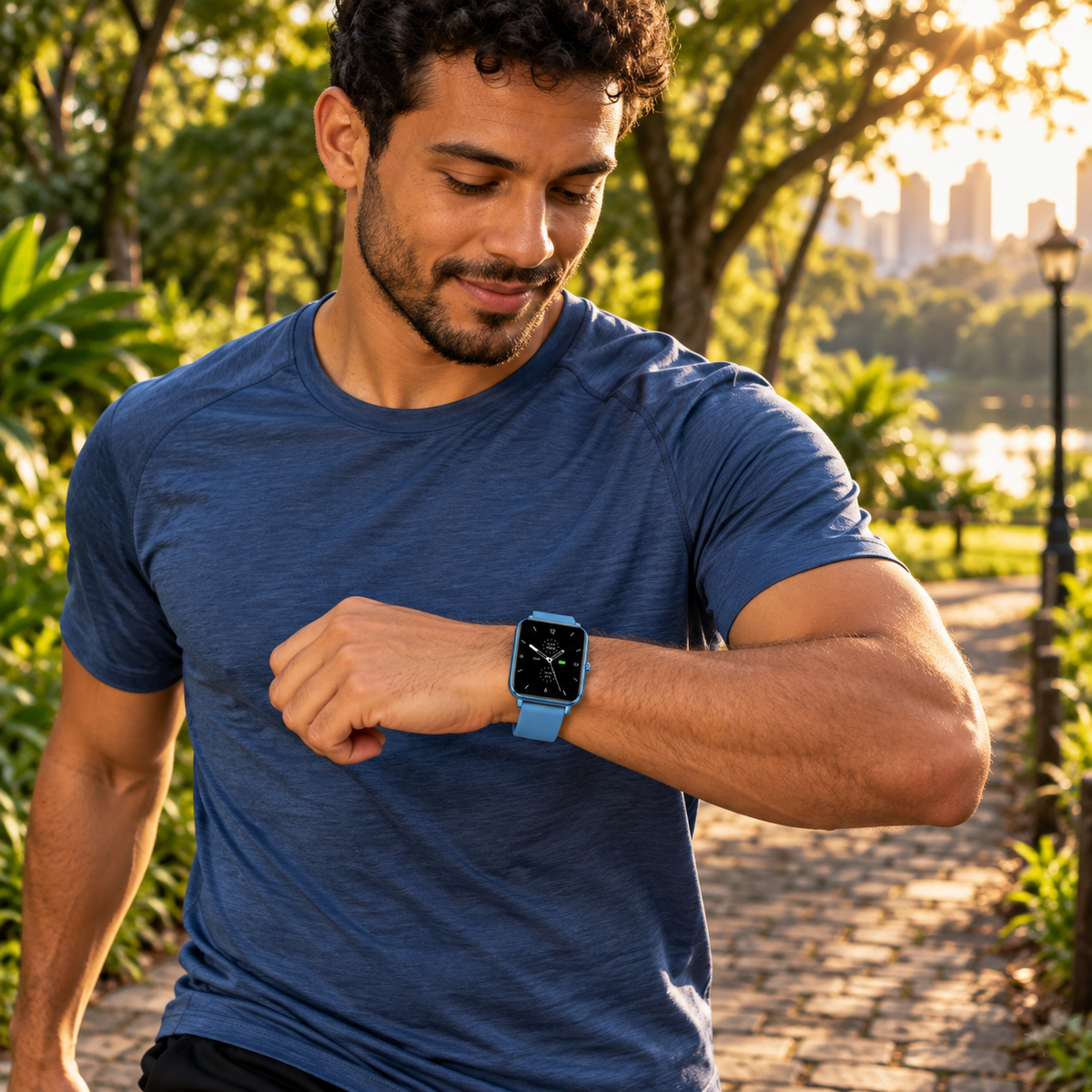 Homem usando smartwatch azul em um parque