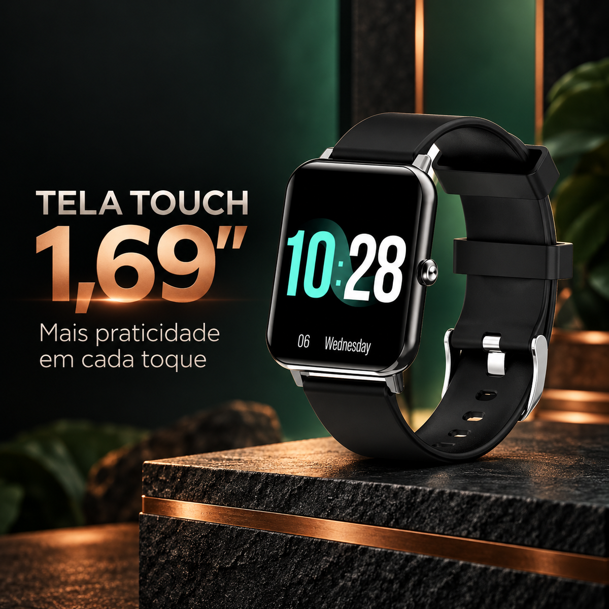 Smartwatch preto com tela touch de 1,69 polegada