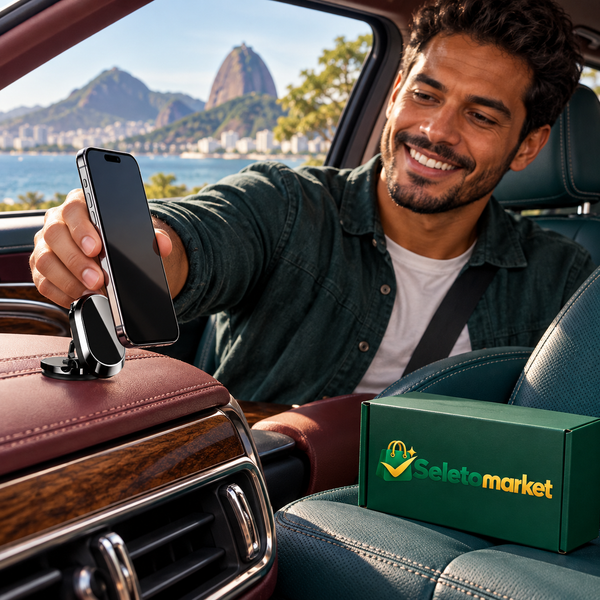 Motorista brasileiro usando suporte magnético SeletoMarket