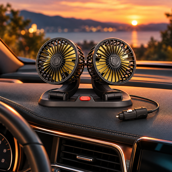Ventilador automotivo duplo em interior de carro