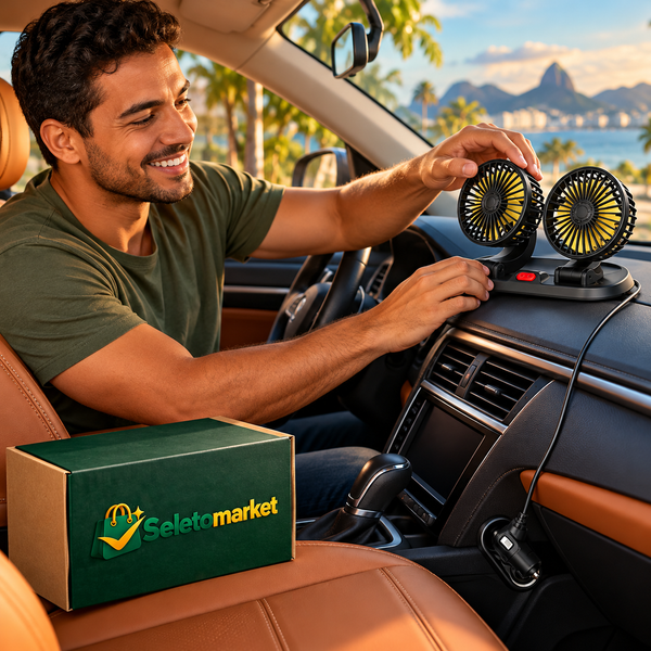Condutor brasileiro ajustando ventilador automotivo duplo da SeletoMarket