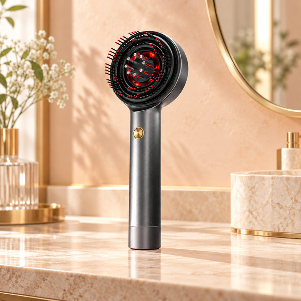 Escova massageadora capilar grafite com cerdas e luz vermelha em bancada de salão