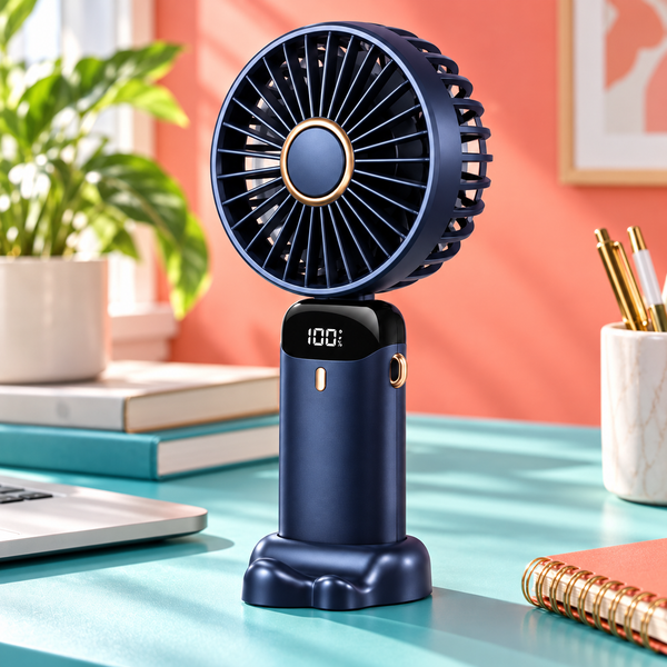 Ventilador portátil azul-marinho em apoio dobrável