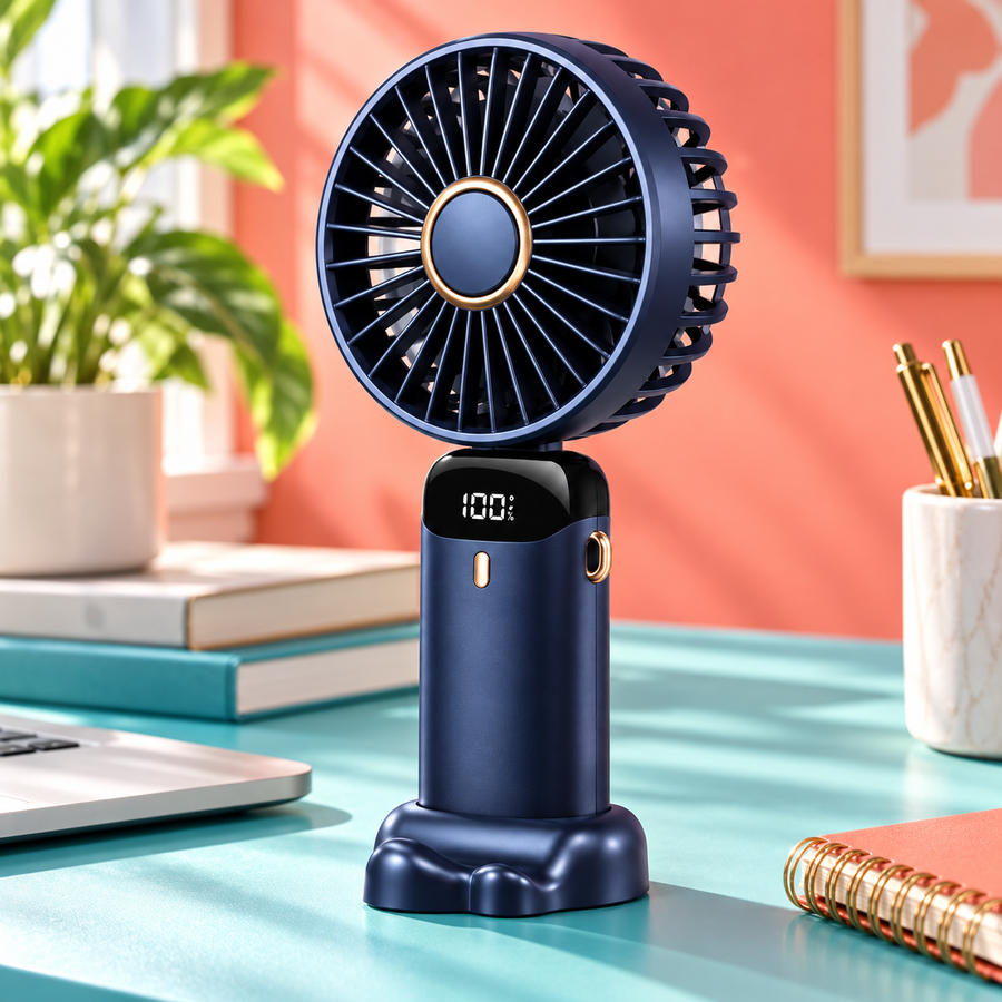 Ventilador portátil azul-marinho em apoio dobrável