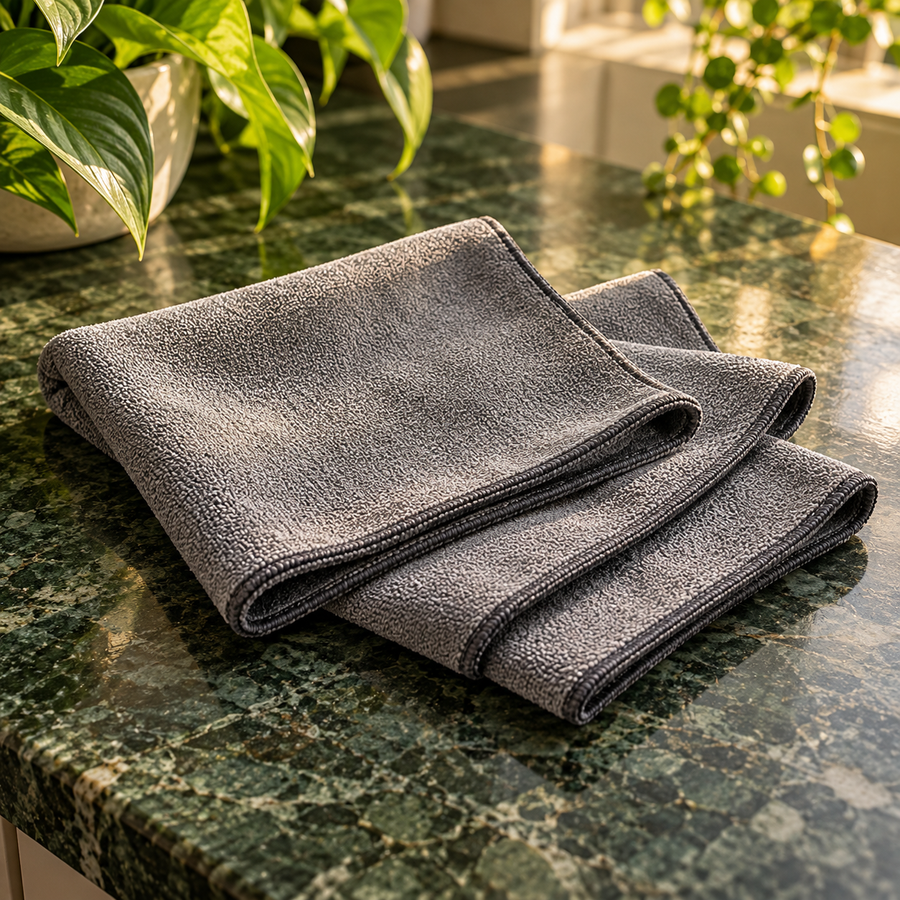 Kit com três panos de microfibra cinza, finos e dobrados sobre bancada verde