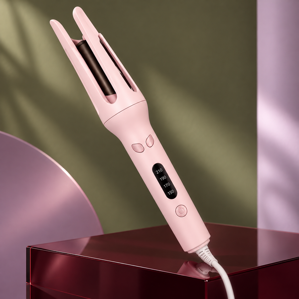 Modelador automático de cachos roxo com câmara aberta, visor e cabo branco