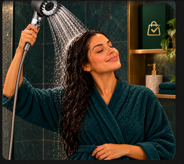 Mulher usando a ducha manual SeletoMarket, com uma mão na ducha e a outra apoiada na cintura